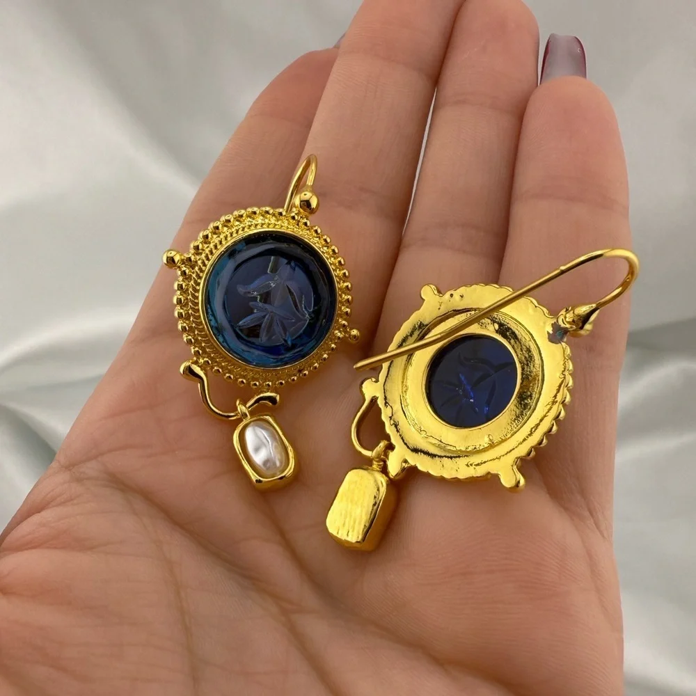 Vintage blue Cameo Earrings – Gold Drop Pearl Accent Jewelry - Picture 8 of 12
